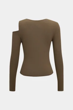 MICAS Long Sleeve Tops|Long Sleeves Tops-Twist Asymmetry V-Neck Long-Sleeve Top MOCHA