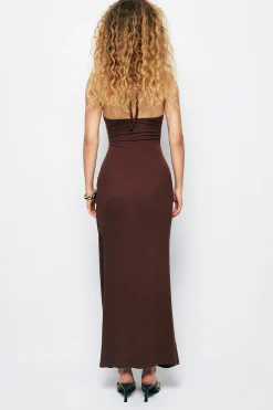 MICAS Maxi Dresses-Twist Halter Slit Maxi Dress COFFEE
