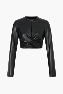MICAS Long Sleeve Tops|Long Sleeves Tops-Twist Hem Faux Leather Long Sleeve Top BLACK