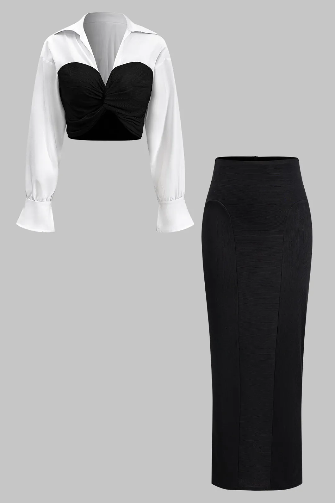 MICAS Skirt Sets-Twist Knot Patchwork Long Sleeve Shirt And Skirt Set BLACK