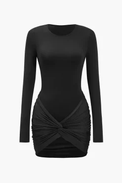 MICAS Long Sleeve Dresses|Mini Dresses-Twist Knot Satin Patchwork Mini Dress