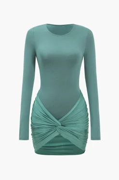 MICAS Long Sleeve Dresses|Mini Dresses-Twist Knot Satin Patchwork Mini Dress