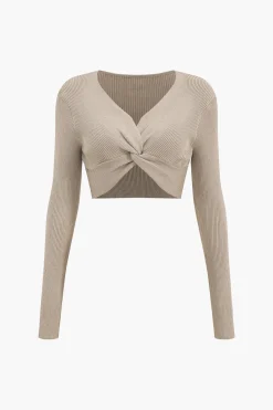 MICAS Skirt Sets-Twist Knot V-Neck Long-Sleeve Top And Side Slit Skirt Set KHAKI