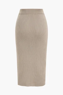 MICAS Skirt Sets-Twist Knot V-Neck Long-Sleeve Top And Side Slit Skirt Set KHAKI