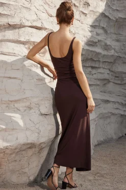 MICAS Midi Dresses-Twist Ruched Slit Sleeveless Midi Dress COFFEE