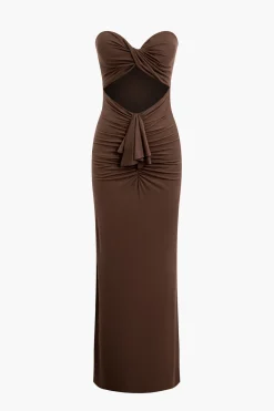 MICAS Maxi Dresses-Twist Strapless Cut Out Ruched Maxi Dress BROWN