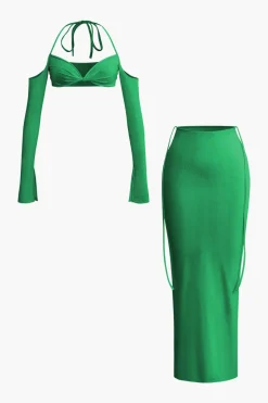 MICAS Skirt Sets|Vacation Sets-Twist Tie Halter Long Sleeve Bra Top And Maxi Skirt Set