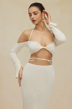 MICAS Skirt Sets|Vacation Sets-Twist Tie Halter Long Sleeve Bra Top And Maxi Skirt Set