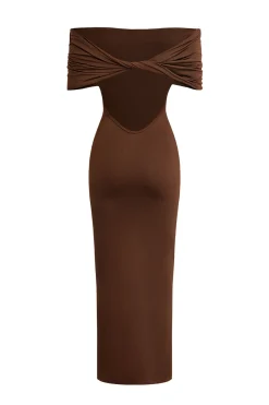MICAS Maxi Dresses-Twisted Backless Off Shoulder Maxi Dress BROWN