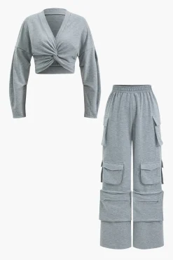MICAS Pant Sets-Twisted Knot Top And Pocket Trousers Set LIGHT GRAY