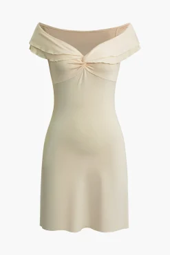 MICAS Mini Dresses-Twisted V-Neck Scallop Edge Mini Dress BEIGE