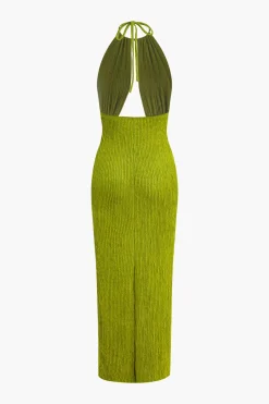 MICAS Maxi Dresses-U-Ring Detail Halter Slit Backless Maxi Dress GREEN