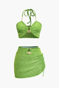 MICAS Swimwear-U-ring Front Tie Halter 3-Piece Set GREEN