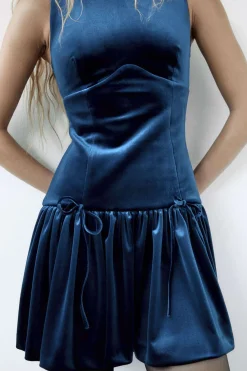 MICAS Mini Dresses-Velvet Sleeveless Mini Dress With Bow Detail DARK BLUE