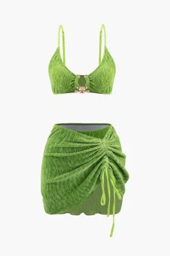 MICAS Swimwear|Vacation Sets-Velvet Textured U-ring Bikini And Sarong 3pc Set
