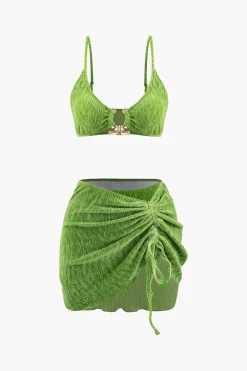 MICAS Swimwear|Vacation Sets-Velvet Textured U-ring Bikini And Sarong 3pc Set