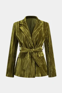 MICAS Outerwear|Outerwear-Velvet Tie-Up Pocket Long Sleeve Jacket OLIVE