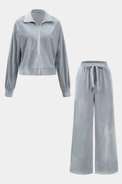 MICAS Pant Sets-Velvet Zipper Top And Wide Leg Pants Set GRAY MELANGE