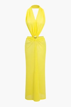 MICAS Maxi Dresses-V-neck Backless Ring Halter Maxi Dress YELLOW