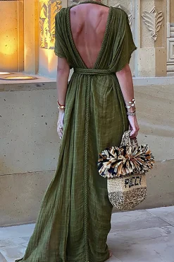 MICAS Maxi Dresses-V-Neck Backless Slit Maxi Dress