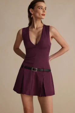 MICAS Mini Dresses-V-neck Belted Mini Dress BURGUNDY