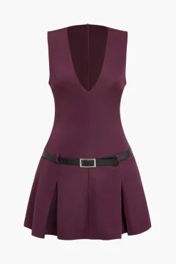 MICAS Mini Dresses-V-neck Belted Mini Dress BURGUNDY