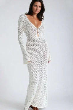 MICAS Long Sleeve Dresses|Knitwear-V-neck Crochet Open Knit Long Sleeve Maxi Dress WHITE