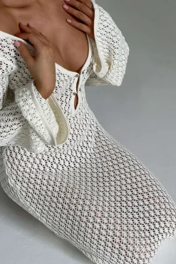 MICAS Long Sleeve Dresses|Knitwear-V-neck Crochet Open Knit Long Sleeve Maxi Dress WHITE