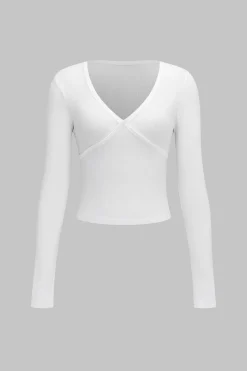 MICAS Long Sleeve Tops|Long Sleeves Tops-V-Neck Cross Design Long-Sleeve Top WHITE
