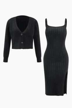 MICAS Knit Sets-V-Neck Long Sleeve Cardigan And Slip Dress Set BLACK