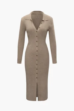 MICAS Knitwear|Knit Dresses-V-Neck Long Sleeve Mid-Length Sweater Dress