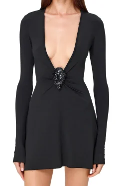 MICAS Long Sleeve Dresses|Mini Dresses-V-neck Long Sleeve Mini Dress BLACK