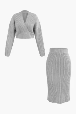 MICAS Knitwear|Knit Sets-V-neck Long Sleeve Sweater And Skirt Set