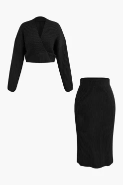 MICAS Knitwear|Knit Sets-V-neck Long Sleeve Sweater And Skirt Set