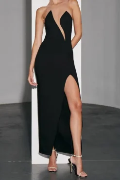 MICAS Midi Dresses-V-Neck Patchwork Cut Out Sleeveless Midi Dress BLACK