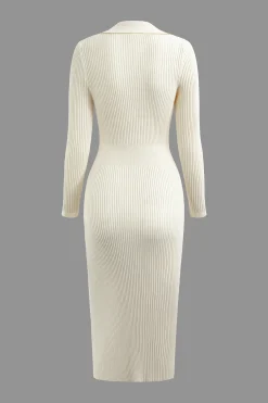 MICAS Knitwear|Long Sleeve Dresses-V-neck Rib Knit Collar Button Long Sleeve Midi Dress