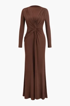 MICAS Long Sleeve Dresses|Maxi Dresses-V-Neck Ruched Long Sleeve Maxi Dress BROWN
