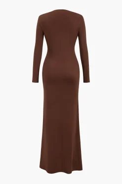 MICAS Long Sleeve Dresses|Maxi Dresses-V-Neck Ruched Long Sleeve Maxi Dress BROWN