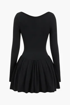 MICAS Long Sleeve Dresses|Mini Dresses-V-Neck Ruched Long Sleeve Mini Dress BLACK