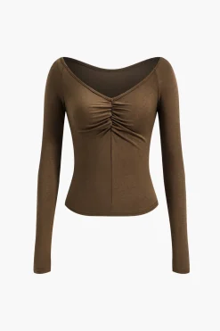 MICAS Long Sleeve Tops|Long Sleeves Tops-V-Neck Ruched Long-Sleeve Top BROWN