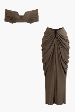 MICAS Skirt Sets|Vacation Sets-V-neck Ruched Top And V-shape Cut Waist Maxi Skirt Set