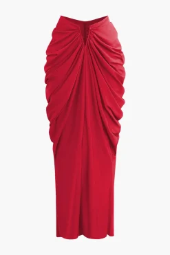 MICAS Skirt Sets|Vacation Sets-V-neck Ruched Top And V-shape Cut Waist Maxi Skirt Set