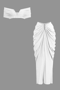 MICAS Skirt Sets|Vacation Sets-V-neck Ruched Top And V-shape Cut Waist Maxi Skirt Set