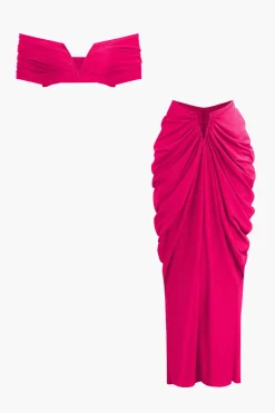 MICAS Skirt Sets|Vacation Sets-V-neck Ruched Top And V-shape Cut Waist Maxi Skirt Set