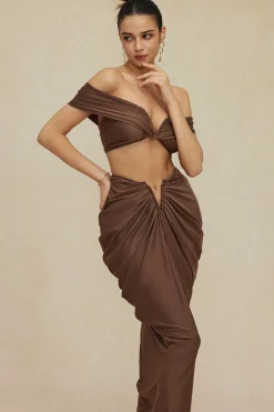 MICAS Skirt Sets|Vacation Sets-V-neck Ruched Top And V-shape Cut Waist Maxi Skirt Set