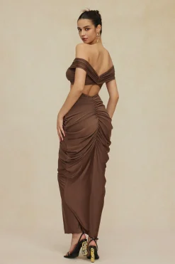 MICAS Skirt Sets|Vacation Sets-V-neck Ruched Top And V-shape Cut Waist Maxi Skirt Set