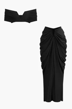 MICAS Skirt Sets|Vacation Sets-V-neck Ruched Top And V-shape Cut Waist Maxi Skirt Set