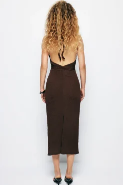 MICAS Midi Dresses-V-neck Tie Halter Slit Midi Dress COFFEE