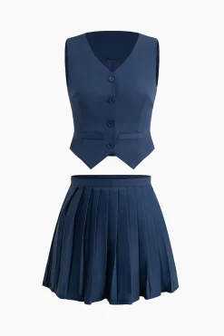 MICAS Skirt Sets-V-neck Vest And Pleated Mini Skirt Set ROYAL