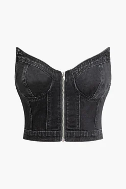 MICAS Tube Tops|Corset & Bustier Tops-V-neck Zip-Up Strapless Bustier Top BLACK